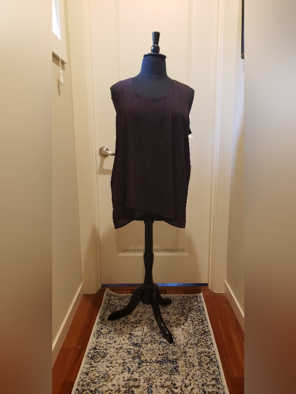 GNW Sleeveless Pleated Layered Vertical Striped Deep Plum And Black Tunic